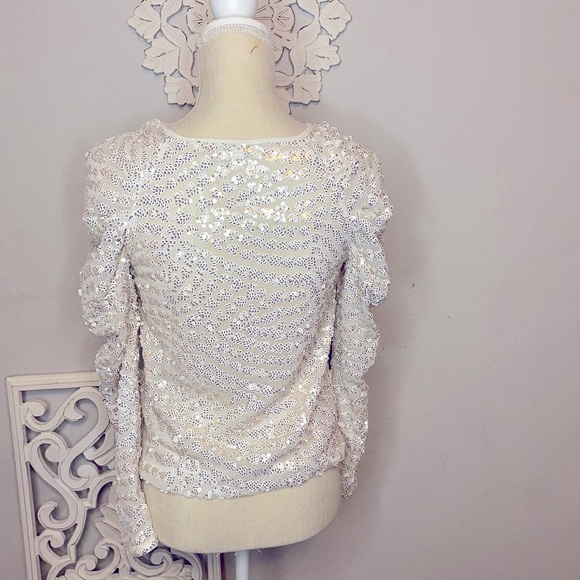 EXPRESS IVORY White SEQUIN PUFF RUCHED Long SLEEVE BLOUSE TOP Shirt XSMALL - Picture 9 of 13
